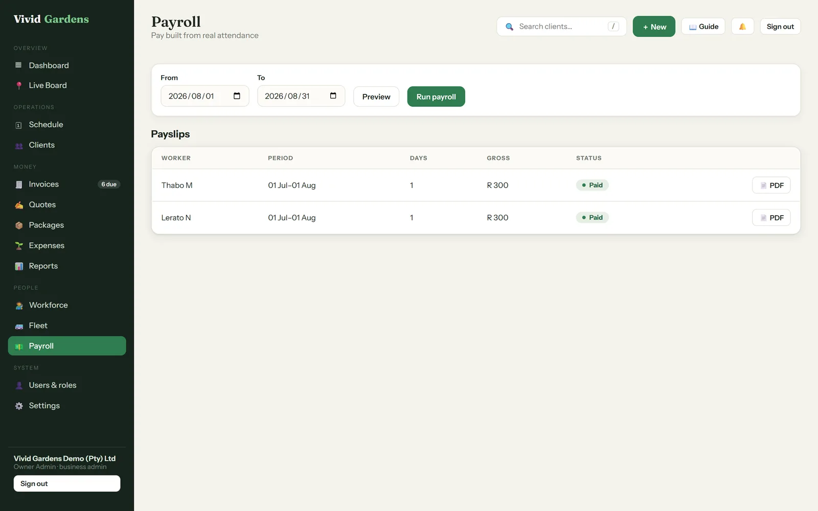 Vivid Gardens payroll