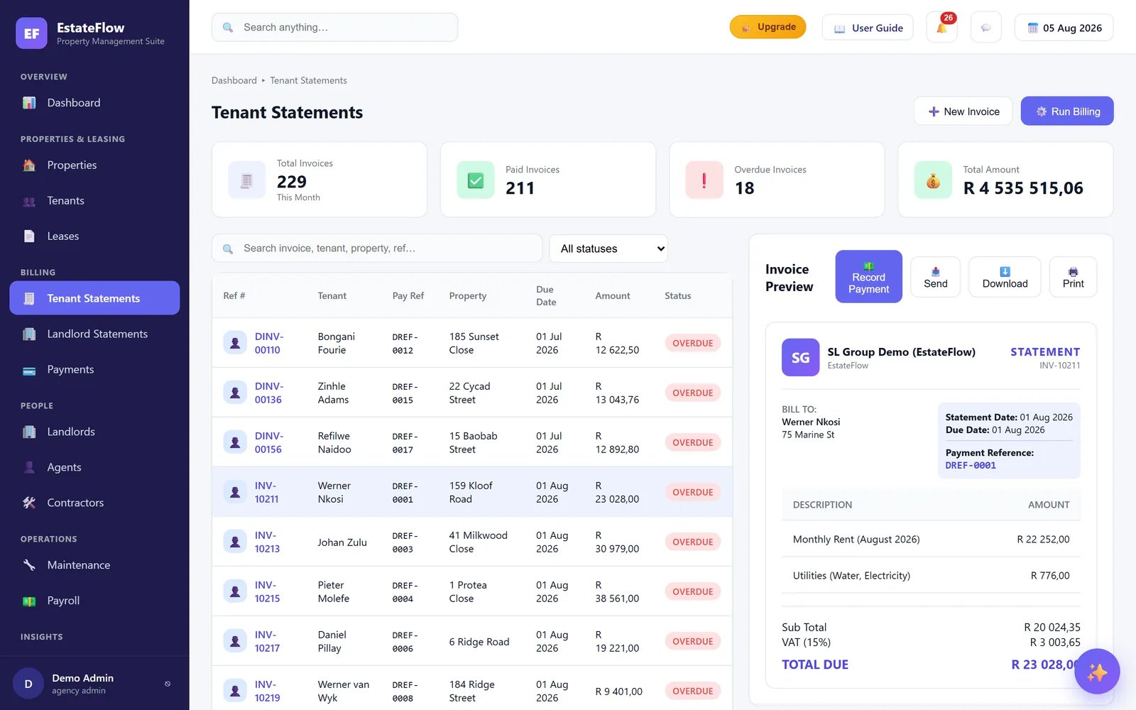 EstateFlow tenant statements
