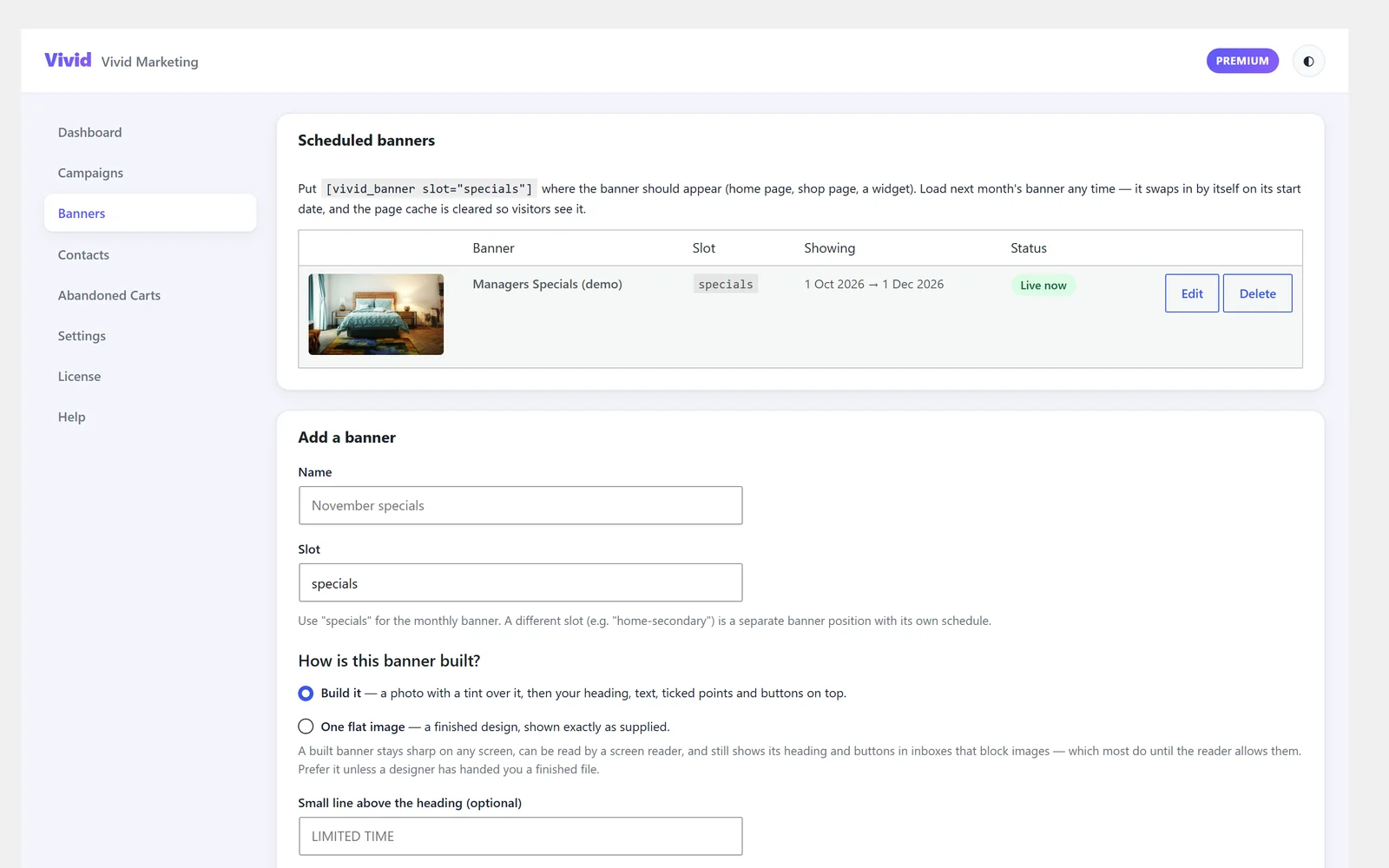 The Vivid Marketing banner builder, showing the build-it and flat-image options