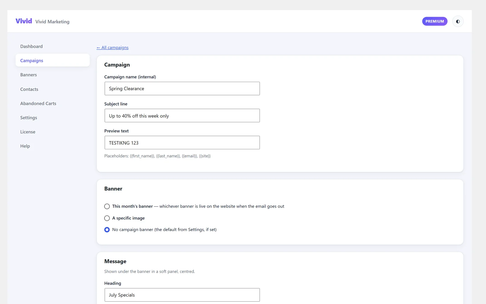 Editing a campaign in Vivid Marketing