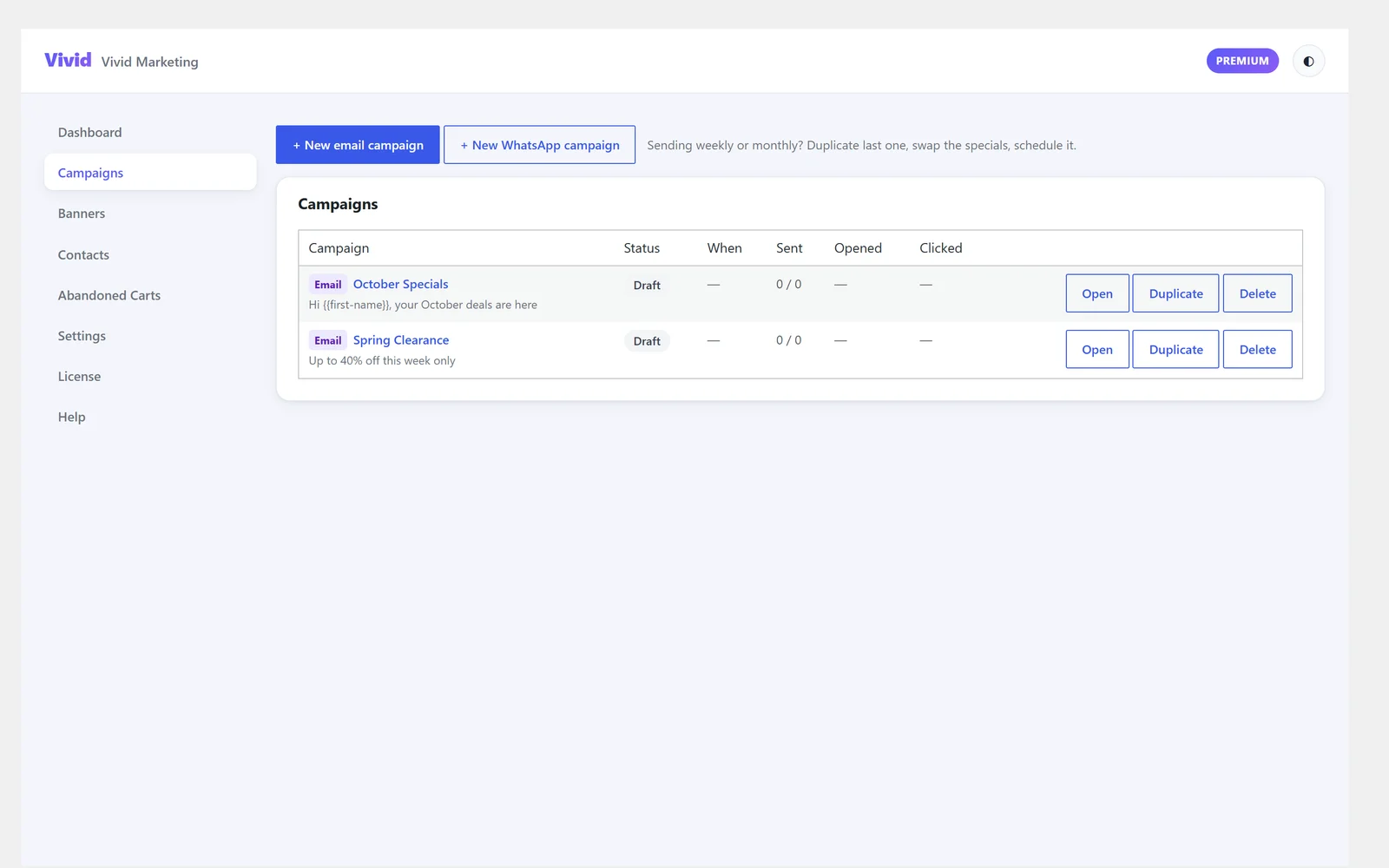 The Vivid Marketing campaign list