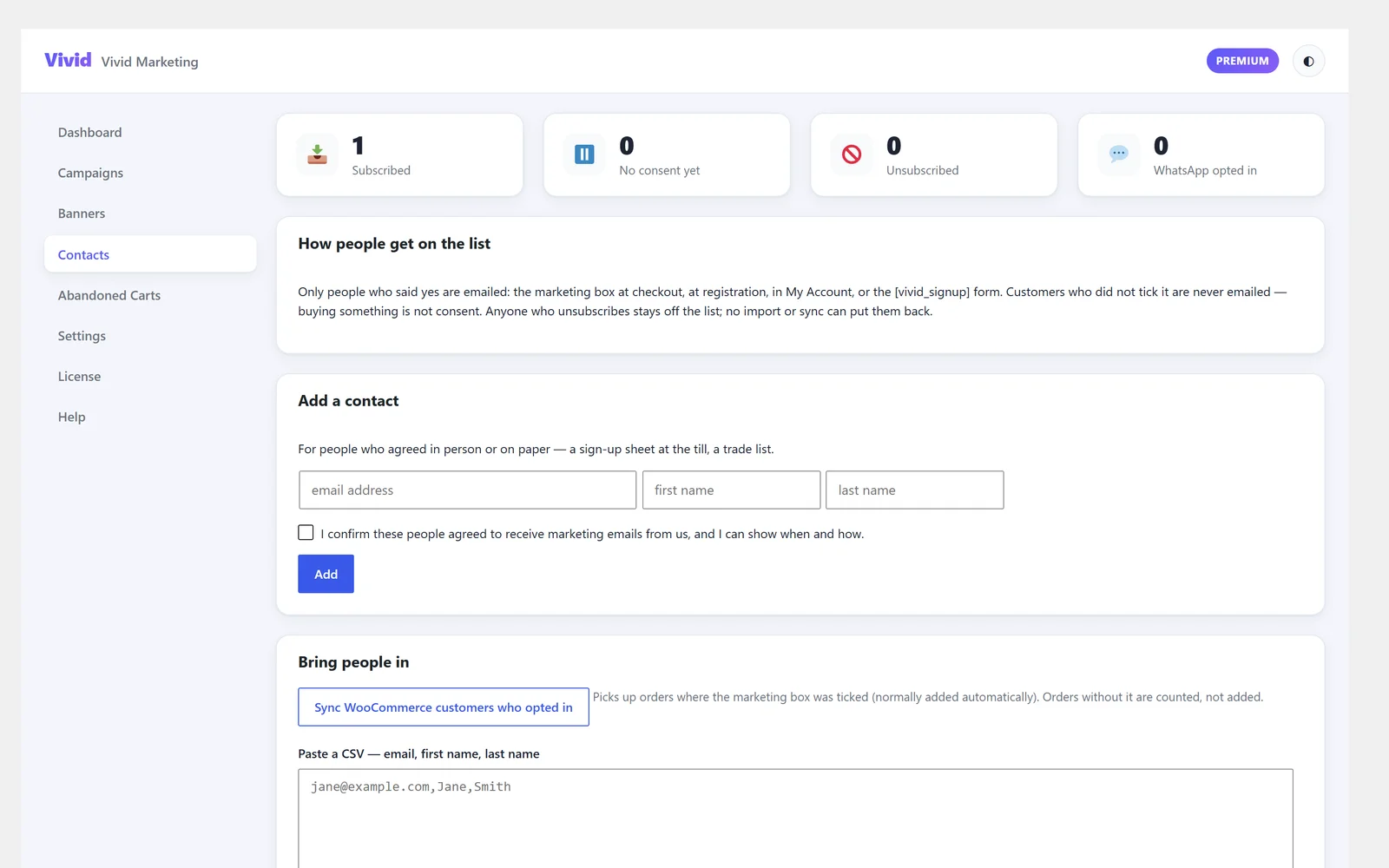 The Vivid Marketing contact list with consent status