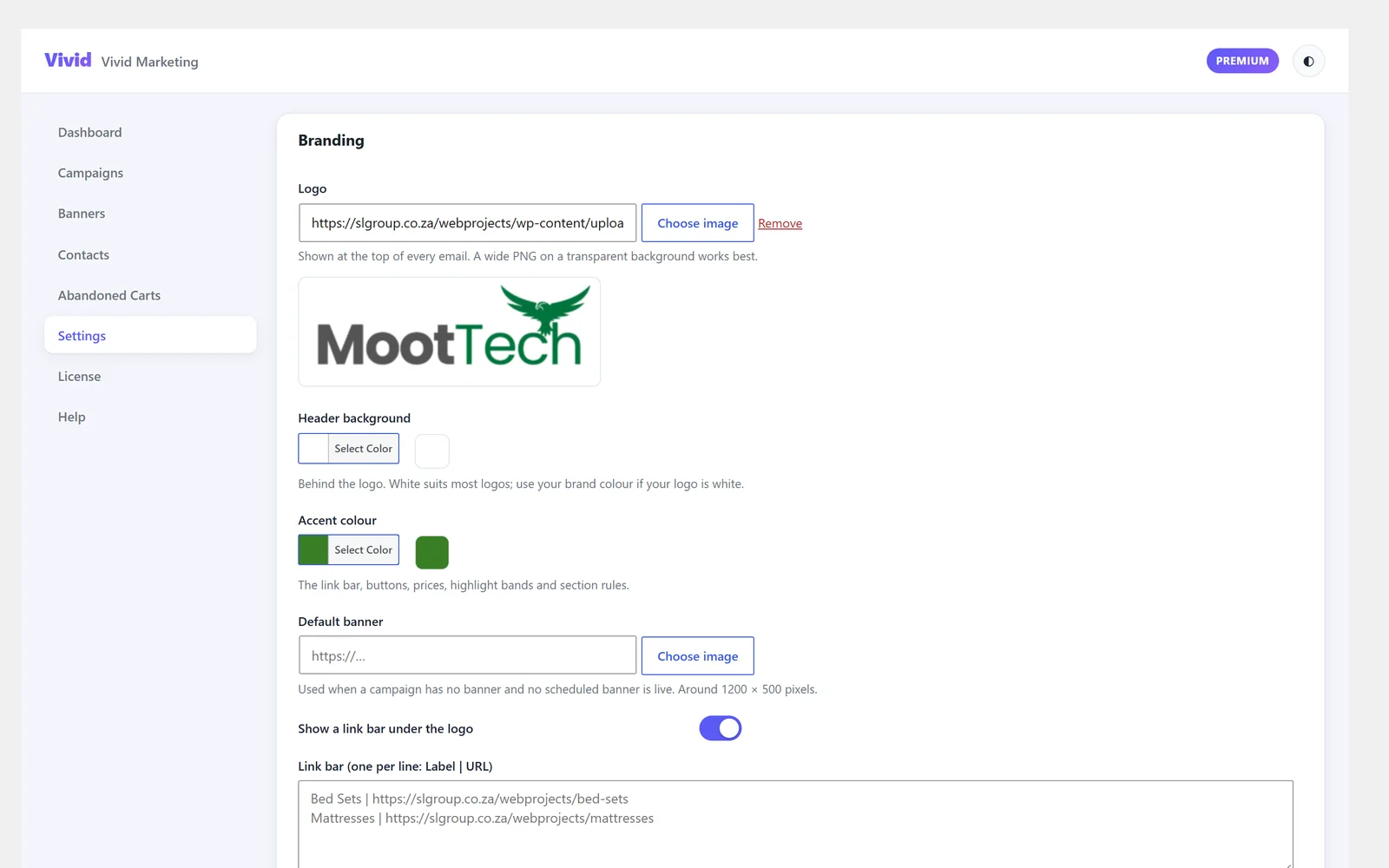Vivid Marketing branding settings