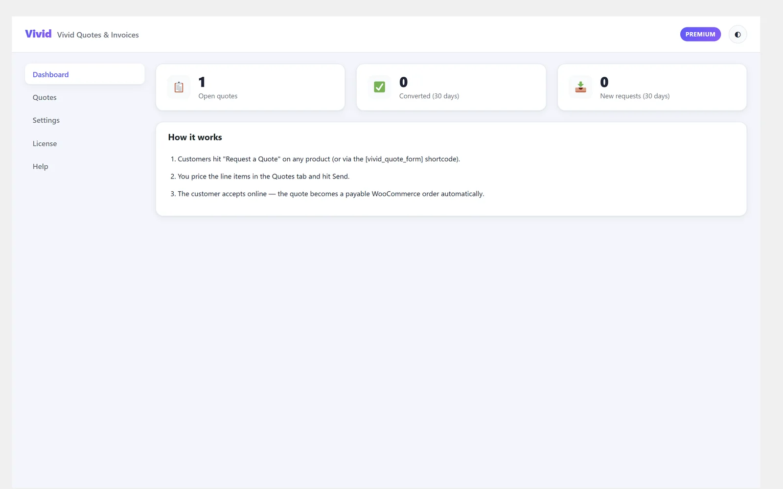 The Vivid Quotes dashboard with open quotes, conversions and new requests