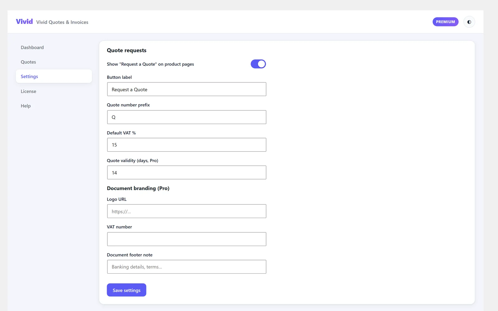 Vivid Quotes settings showing quote numbering, VAT and document branding