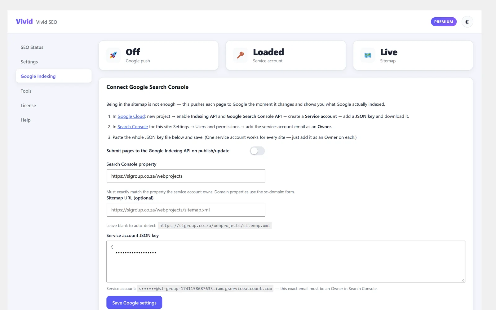 Connecting Google Search Console and the Indexing API in Vivid SEO