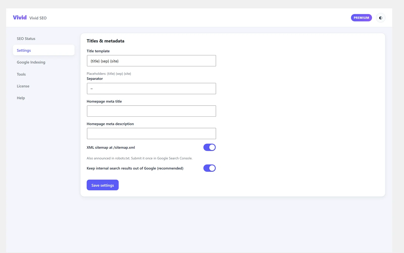 Vivid SEO settings